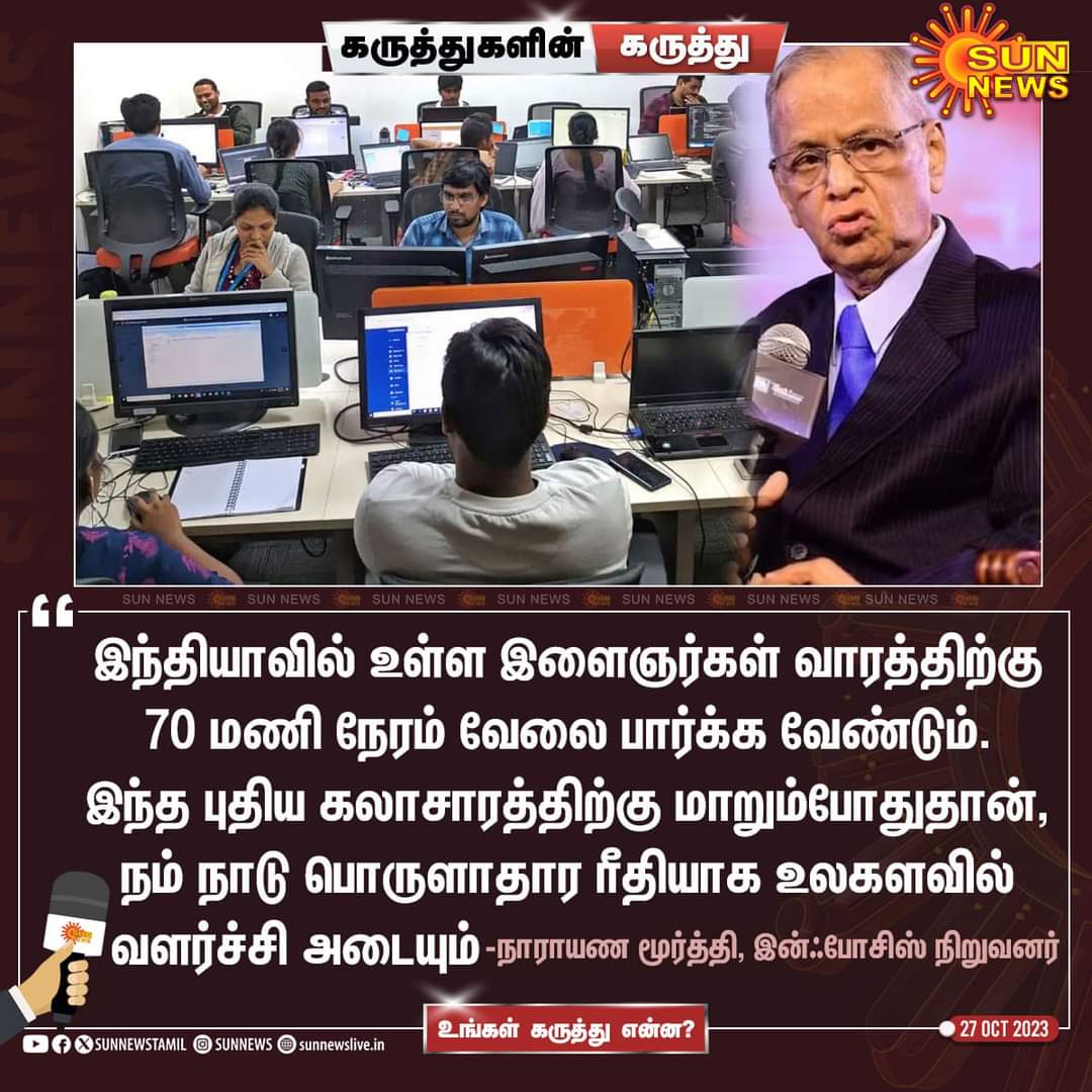 சரியான ஓய்வின்றி 70 மணி நேரத்துக்குமேல் உழைக்கறவங்கதான் நம்ம நாட்டில் அதிகம்னு முதலில் தெரிஞ்சுட்டு பேசுங்க.
