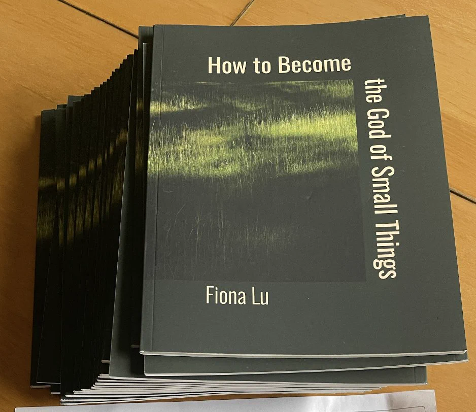 on an amber kitchen table stand a stack of small chapbooks with dark-green covers, containing a picture of grass with patches of light and a title reading "How to Become the God of Small Things." "Fiona Lu" is written under the picture of grass. 