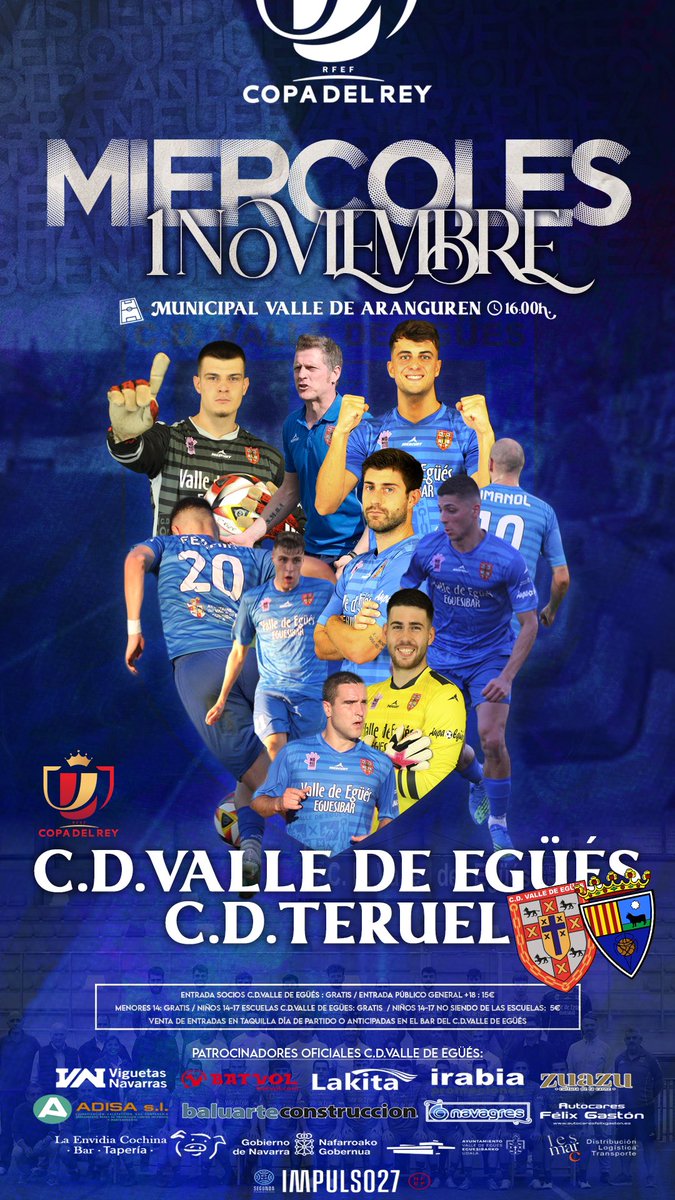 🏆 𝐂𝐎𝐏𝐀 𝐃𝐄𝐋 𝐑𝐄𝐘 | Primera Ronda.

Quedan 3 días para que el Egüés vuelva a disputar un encuentro de Copa del Rey y esta vez será recibiendo al <a href="/TeruelCd/">Club Deportivo Teruel</a> .

 Se disputará el Miércoles 1 de Noviembre a las 16:00h en el Campo Municipal Valle de Aranguren.