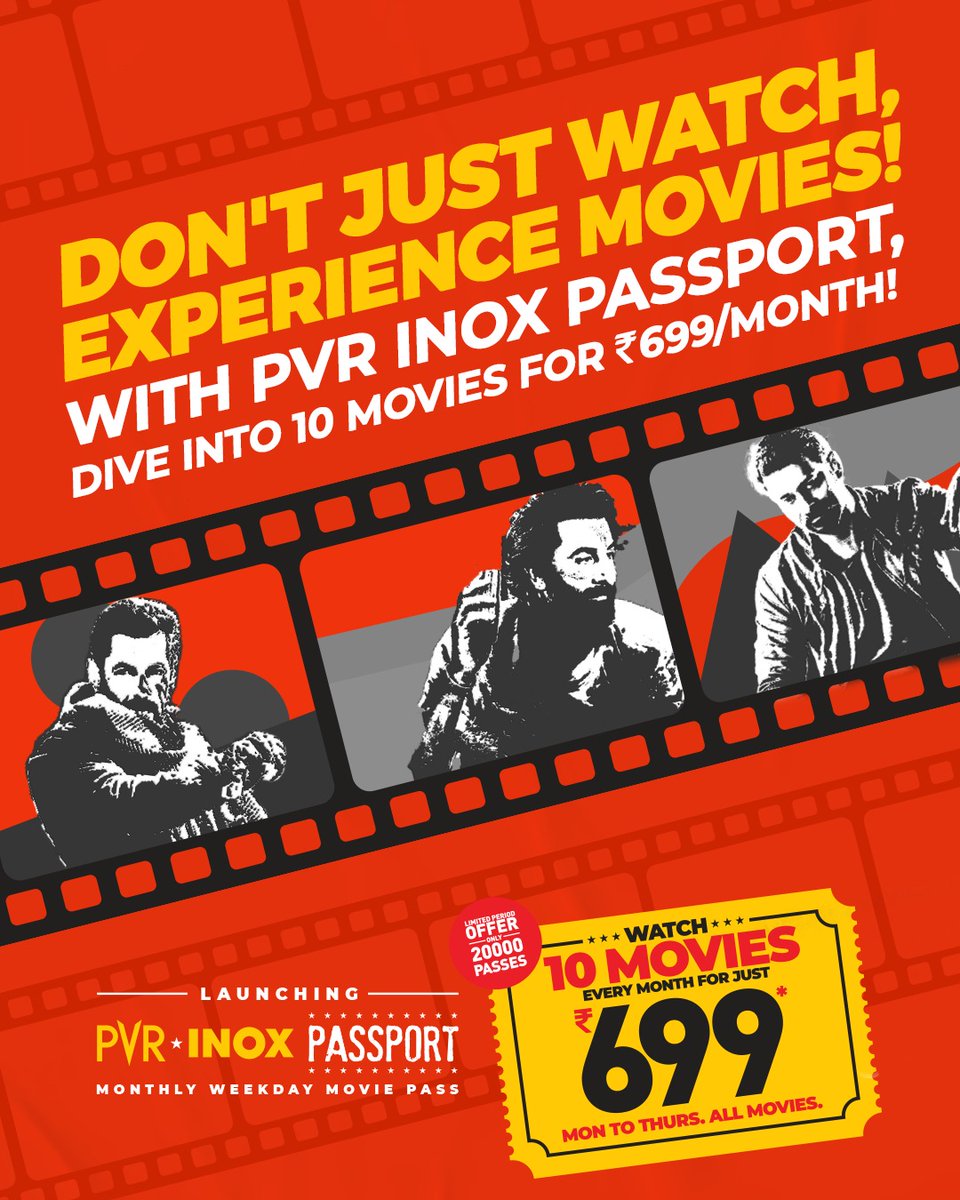 _PVRCinemas's tweet photo. Upgrade your cinematic adventures with the PVR INOX Passport!
Subscribe & relish 10 movies/month, all for an unbeatable ₹699.
Buy your Passport now: https://t.co/CSqzLlzyTk
Hurry up!
.
.
.
#PVRINOXPassport #10MoviesAt699 #Offer #BlockbusterOffer #Discount #Deal #Passport https://t.co/odOMAT1tU1