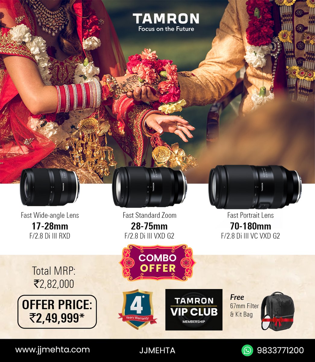 Experience the Power of TAMRON’s Trinity this Wedding Season.
- Fast-Aperture
- Fast, silent & Precise AF
- Compact design

jjmehta.com/shop/tamron_tr…

#TamronIndia #jjmehta #Tamron1728 #Tamron2875 #Tamron70180 #weddingphotography #weddingphotographer #sonywedding #sonyilce