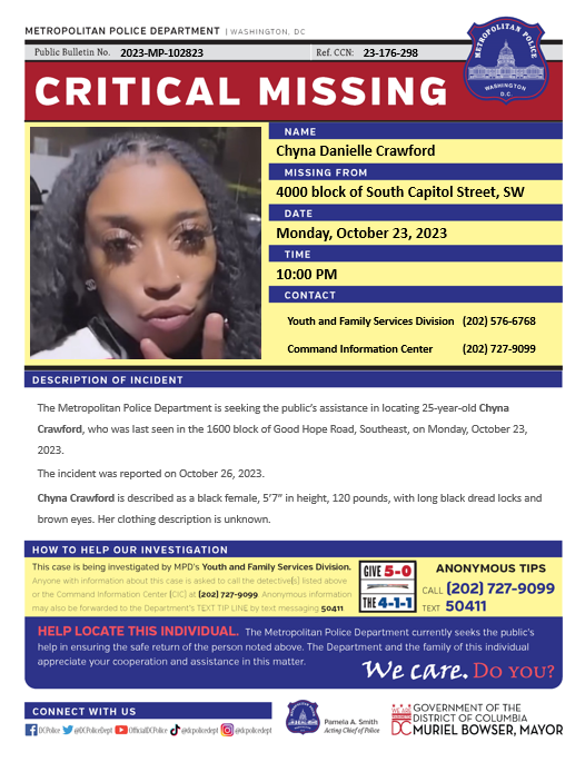 DCPoliceDept's tweet photo. Critical #MissingPerson 25-year-old Chyna Crawford was last seen in the 4000 block of South Capitol Street, Southwest, on Monday, October 23, 2023.

Have Info? Call 202-727-9099 or Text 50411. https://t.co/npuSSTmpyG