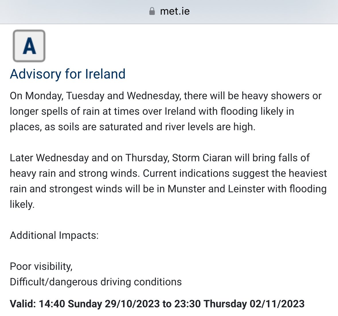 CarlowWeather's tweet photo. Met Éireann have issued an advisory for the coming week, more rain and then #StormCiarán with more flooding likely. https://t.co/yKgY1thSAV