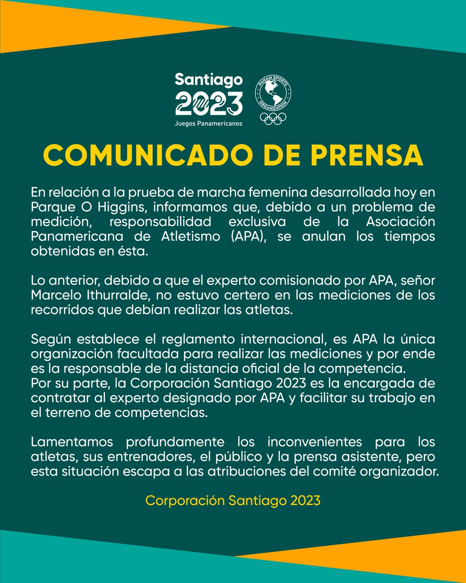 santiago2023's tweet photo. 📌‼️💥 COMUNICADO DE PRENSA OFICIAL 

➡️ Con relación a lo ocurrido en la prueba de marcha femenina. https://t.co/ckp6NIAwaI