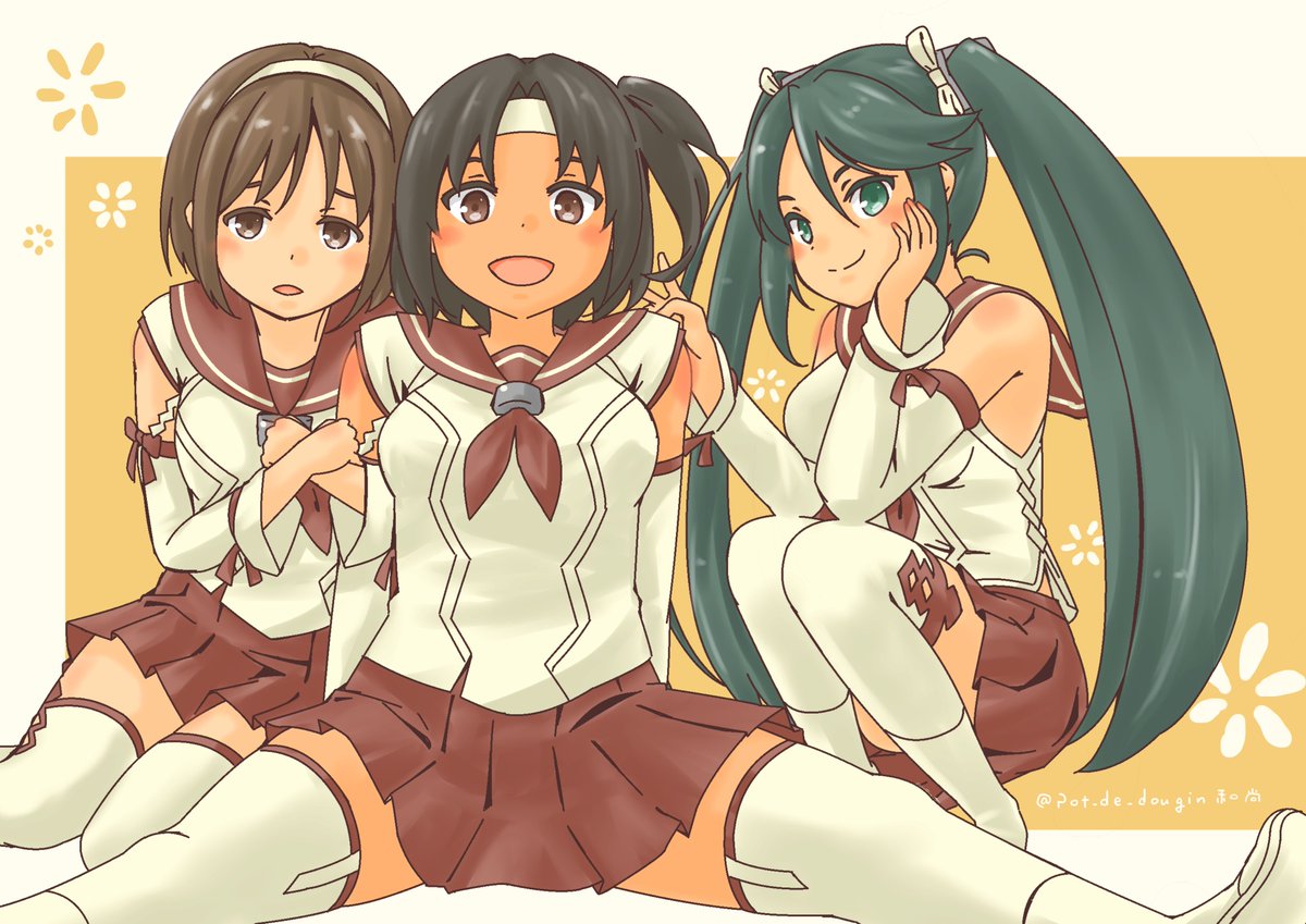 isuzu (kancolle) ,nagara (kancolle) ,natori (kancolle) multiple girls school uniform skirt 3girls serafuku detached sleeves short hair  illustration images