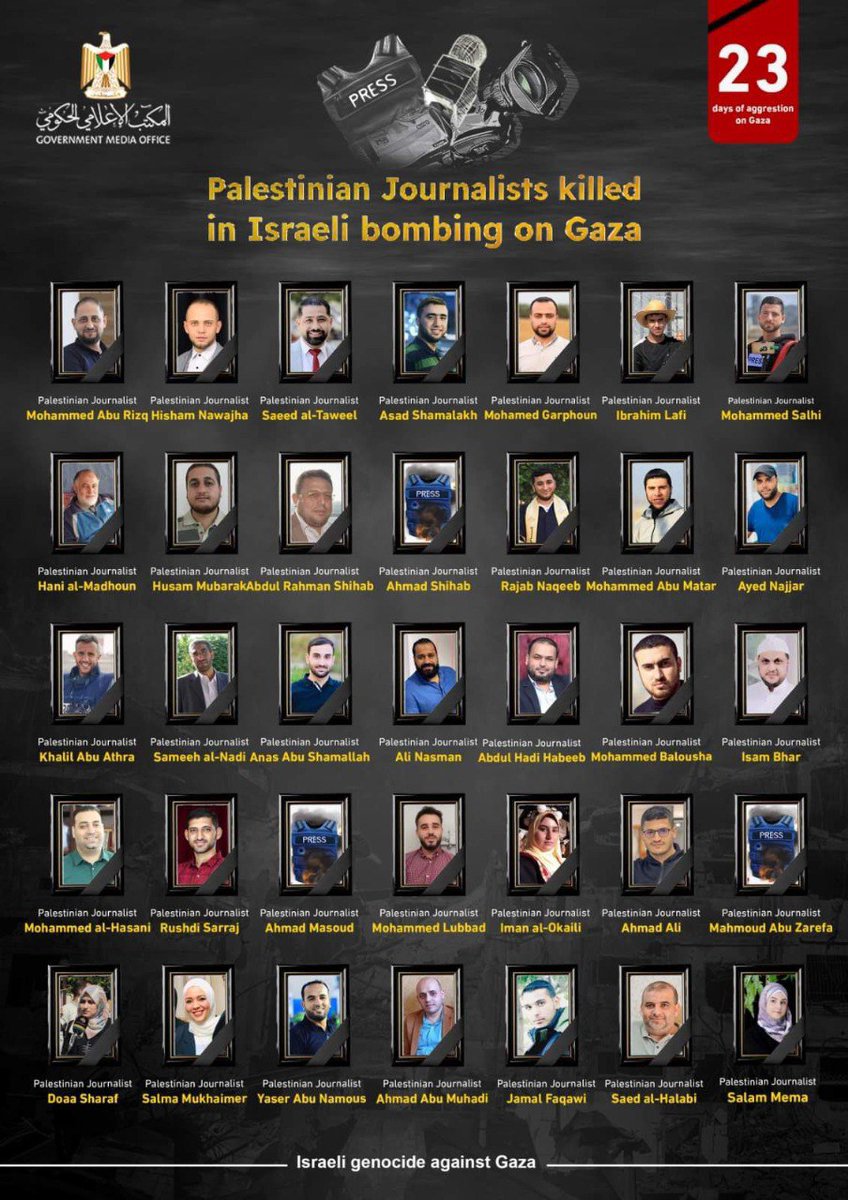 MnarMuh's tweet photo. Israel has targeted and killed 35 Palestinian journalists in Gaza so far since October 7th, these are their names and faces. https://t.co/UIwcb2OcPT