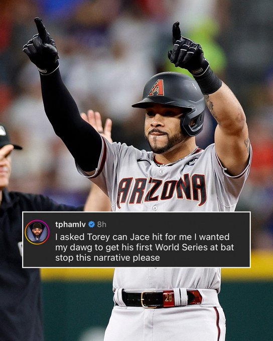 tphamlv
I asked Torey can Jace hit for me I wanted my dawg to get his first World Series at bat stop this narrative please
Pictured: Tommy Pham with his arms in the air during World Series Game 2. He wears a gray D-backs uniform with black lettering. 