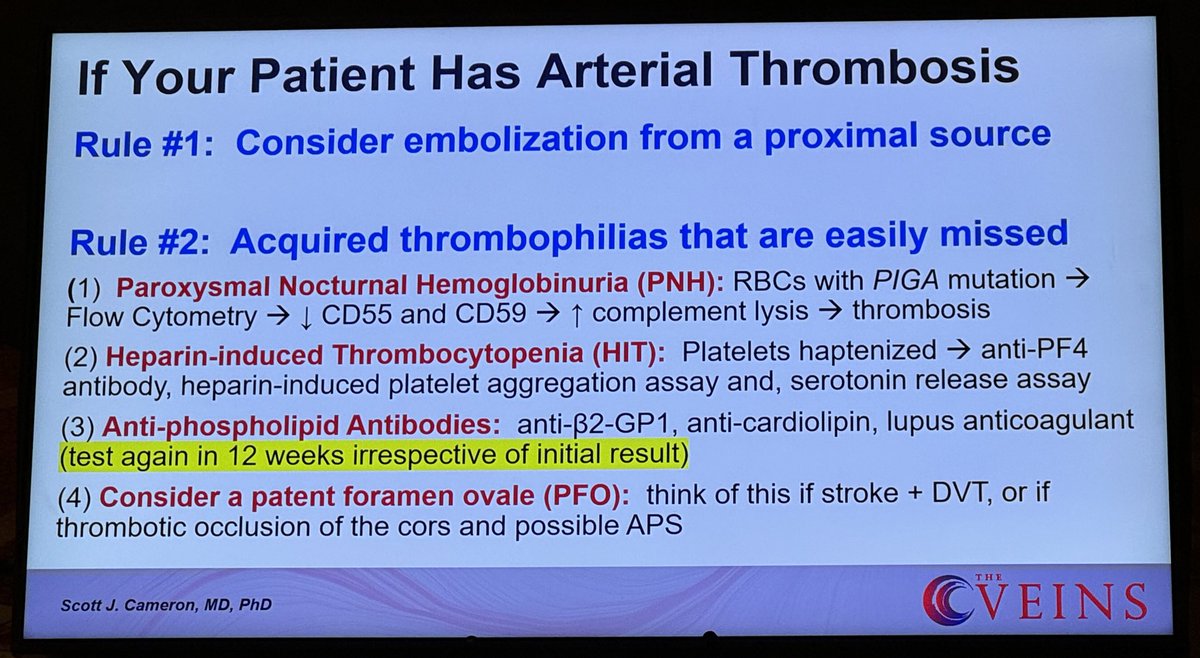 Does your patient have an arterial thrombotic event? <a href="/2Scottish/">Scott Cameron 🏴󠁧󠁢󠁳󠁣󠁴󠁿🇺🇸🫀🩺📟🔬🧫🧬🥋</a> gives key pearls for diagnosis and work up. #TheVEINS23