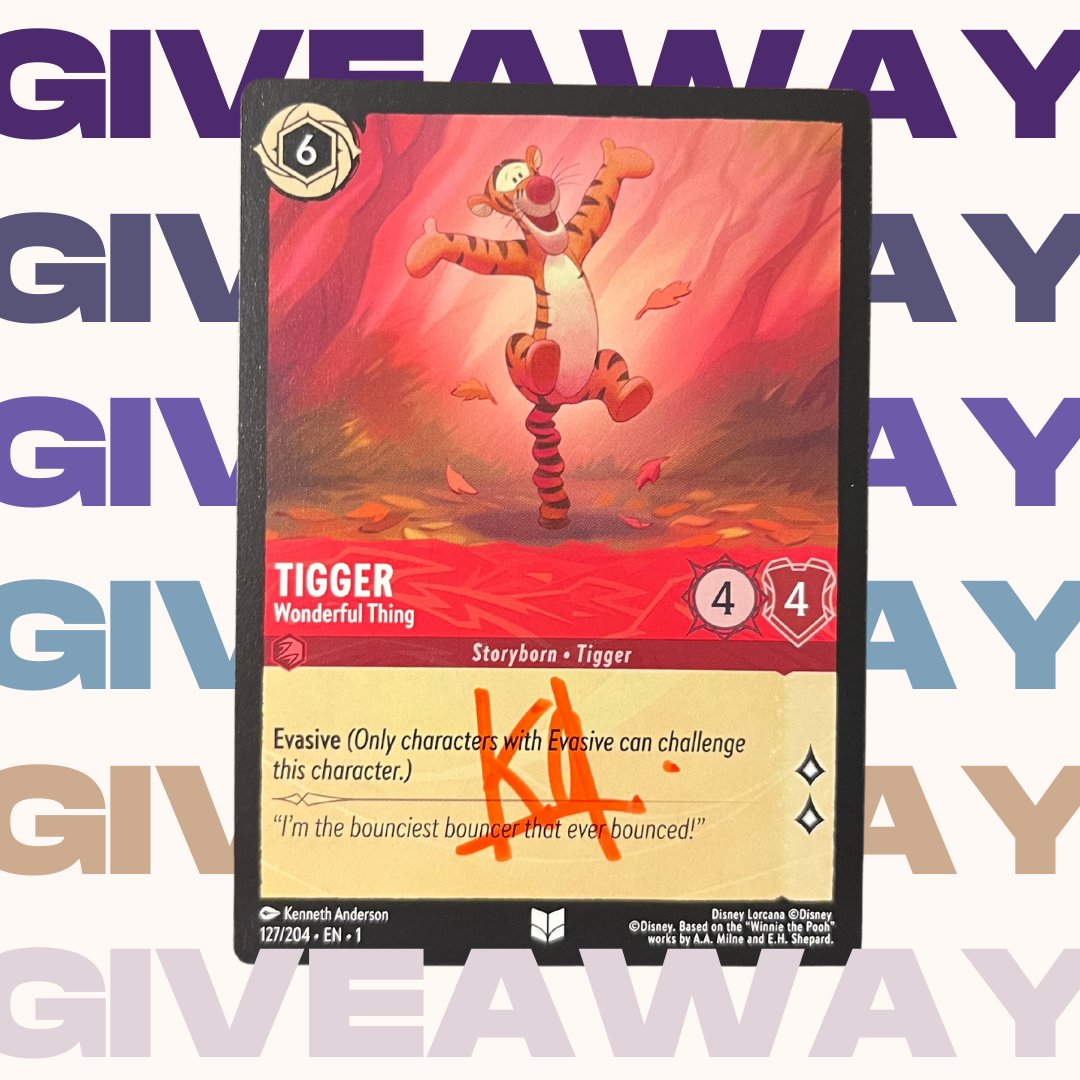 illumiteers's tweet photo. All right -  let's do one of these giveaway thingies. It's a Tigger signed by the incredible Kenneth Anderson! 

➡️: Follow us!  
♻️: Repost! 
🎴: Comment with your favorite #Lorcana TFC character! 

We will draw the winner during our Monday night live stream (7:00 CDT). https://t.co/TwQK7T4vbS