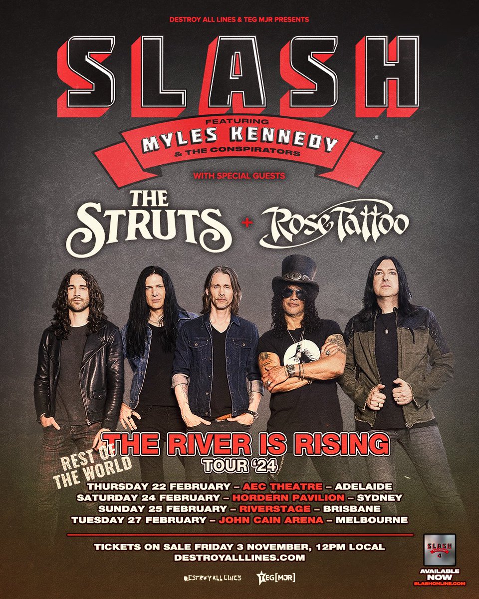 ￼Australia! We’re heading your way this February supporting <a href="/Slash/">Slash</a> featuring <a href="/MylesKennedy/">Myles Kennedy</a> for The River is Rising - Rest of The World Tour ‘24 with Rose Tattoo 
Sign up for Early Bird Presale tickets → daltours.cc/SMKC24
