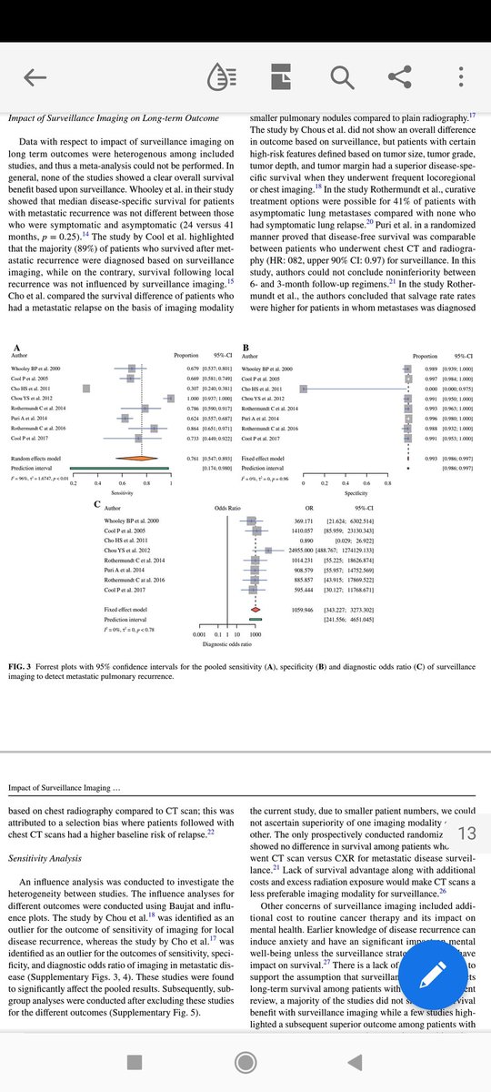 Surveillance imaging in extremity sarcomas:
Role of imaging is questionable in detecting local relapses. 
Metastatic pulmonary relapses are detected with CXR or CT with a high sensitivity, specificity and DOR.
rdcu.be/dpdtt
doi.org/10.1245/s10434…