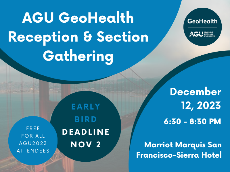 AGU_GeoHealth (@agugeohealth) on Twitter photo Calling all <a href="/AguGeohealth/">AGU_GeoHealth</a> section members and those interested in #GeoHealth the AGU2023 meeting, come to our GeoHealth Reception and Section Gathering, it's FREE! See the date and location👇
The Early Bird registration for the AGU2023 meeting is due soon: register by Nov 2! Calling all <a href="/AguGeohealth/">AGU_GeoHealth</a> section members and those interested in #GeoHealth the AGU2023 meeting, come to our GeoHealth Reception and Section Gathering, it's FREE! See the date and location👇
The Early Bird registration for the AGU2023 meeting is due soon: register by Nov 2!