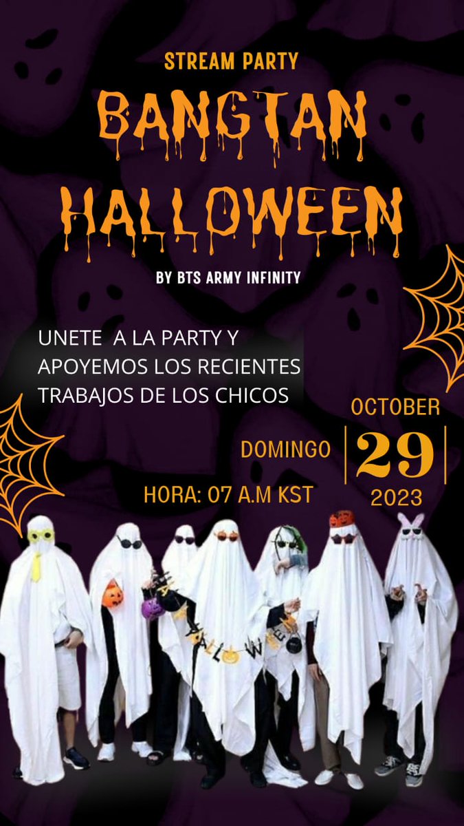 BTSARMYINFINIT7's tweet photo. 🎃STREAM PARTY HALLOWEEN'S🎃

Recordatorio✅
Es hoy! Es hoy! 
Únete a la stream party de Halloween el día de hoy en apoyo a @BTS_twt en los siguientes horarios⬇️

Horarios⏰

Domingo 29 de octubre

16:00 PM 🇧🇿🇨🇷🇬🇹🇳🇮🇭🇳🇸🇻🇲🇽
17:00 PM 🇨🇴🇵🇦🇵🇪🇪🇨
18:00 PM 🇻🇪🇵🇷🇩🇴🇧🇴🇨🇺
19:00 PM 🇧🇷🇺🇾🇦🇷🇵🇾🇨🇱 https://t.co/bJ0uHcHsHu