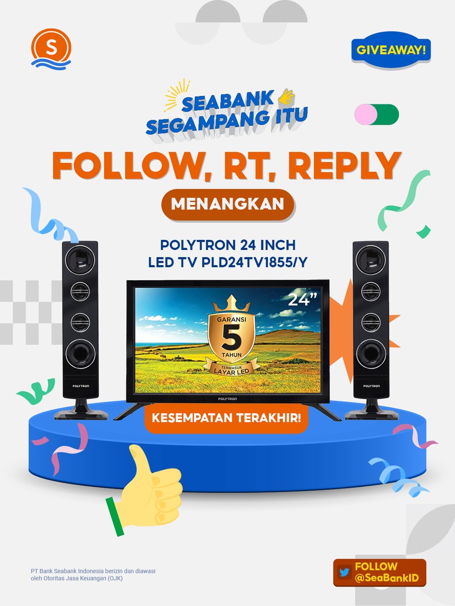 SeaBankID's tweet photo. 👌FOLLOW, RT, REPLY &amp; MENANGKAN PANASONIC TV!👌
GIVEAWAY #SeaBankSegampangItu!!

HADIAH BARU NIH! Yuk cek S&amp;K berikut:
1. FOLLOW Twitter @SeaBankID
2. RT &amp; REPLY "#SeaBankSegampangItu"
3. TAG TEMAN KAMU!

Cek Syarat &amp; Ketentuan lengkapnya di sini: https://t.co/a6V6iUQv2u https://t.co/SOUAu8rsef