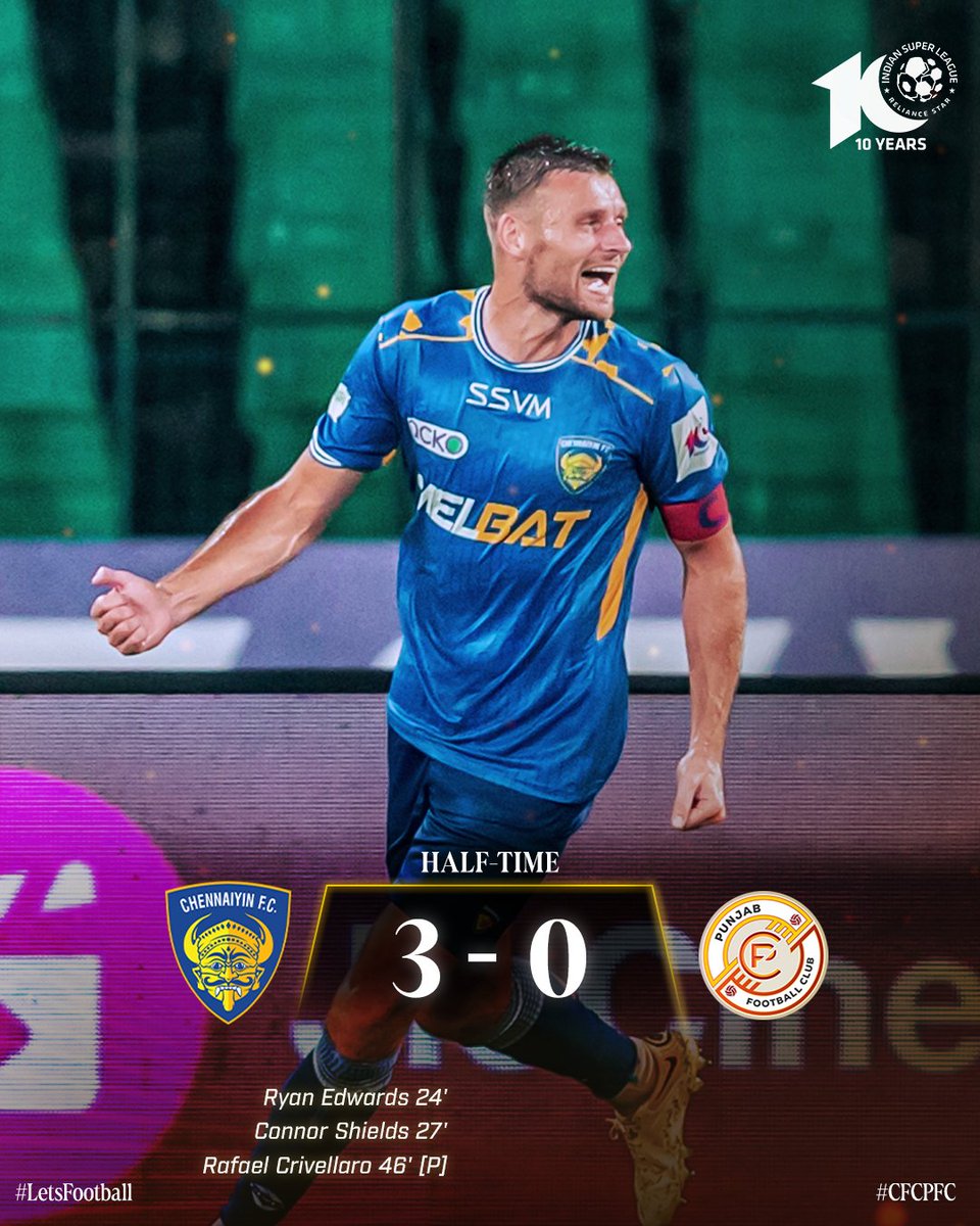 IndSuperLeague's tweet photo. @JioCinema @Sports18 @Vh1India @ChennaiyinFC @RGPunjabFC @prasanth2406 @Ayush_adhikari_ @TheBetterRafa #RyanEdwards, #ConnorShields, and @TheBetterRafa fire @ChennaiyinFC ahead at the break! 🔥

Watch #CFCPFC LIVE on @Sports18 and @Vh1India! 📺

Stream FOR FREE on @JioCinema: https://t.co/gVQ1i0hLkx

#ISL #ISL10 #LetsFootball #ISLonJioCinema #ISLonSports18 #ChennaiyinFC #PunjabFC https://t.co/Q9lc8v1CRX