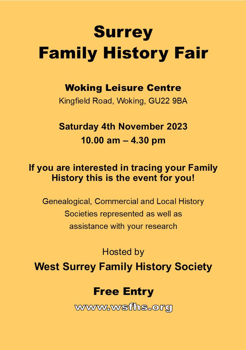 AlisonDurkin3's tweet photo. @WestSurreyFHS are pleased to announce that the following organisations will be attending the Surrey Family History Fair on 4th November: The Eureka Partnership, @FACHRS1, @fibiswebmaster, G R Postcards, Heritage Walks with Iain Wakeford …..

#genealogy
#familyhistory https://t.co/IPOb5dmpKF