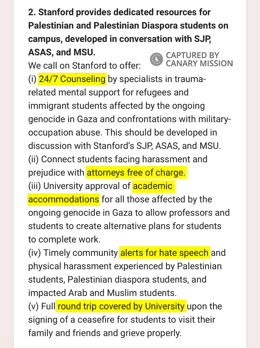 You can't make this up. After 1,000 <a href="/Stanford/">Stanford University</a> pro-Hamas students staged a sit-in on Fri., they circulated a list of demands to the university which included:
- 24/7 trauma counseling for Palestinian students
- Full RT fare paid by University for students to visit family &amp; friends