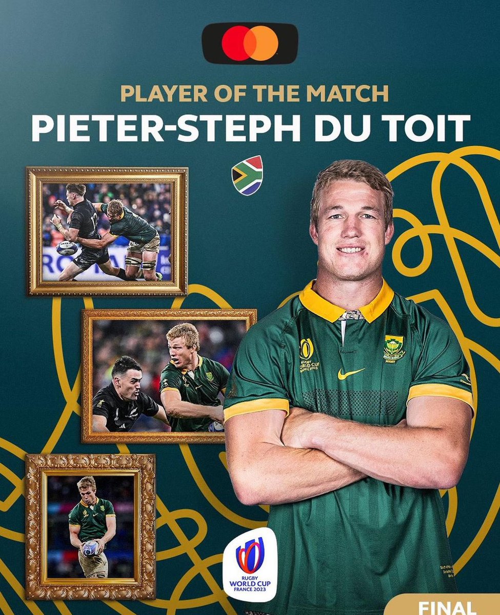 I greet you all in the name of the defending champions, 4 time title winners, history makers, world giants, THE SPRINGBOKS 🇿🇦🏆🥳

This was the best rugby world cup campaign ever, I feel really blessed to have also been a part of it.

PROUD TO BE A SOUTH AFRICAN 🇿🇦🧡

#JuicyJay