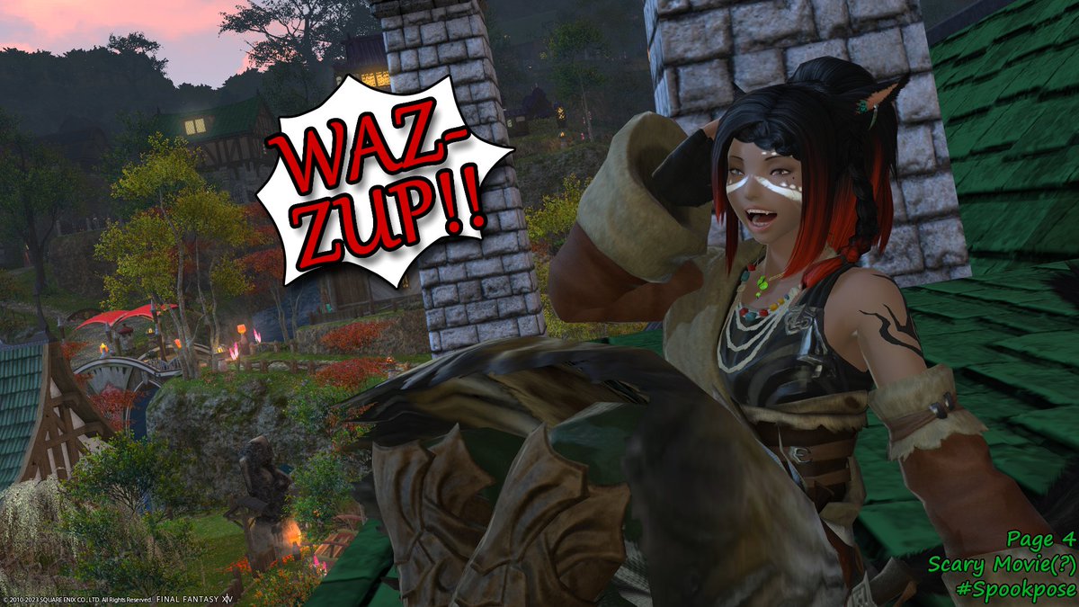 Wedgebuncle's tweet photo. Day 29: Scary Movie!
All I could think of was this damn scene! With Wedge being an Eorzean Ghostface! XD
#Spookpose #spookyposetober #ffxivgposers https://t.co/ohTryug5W2