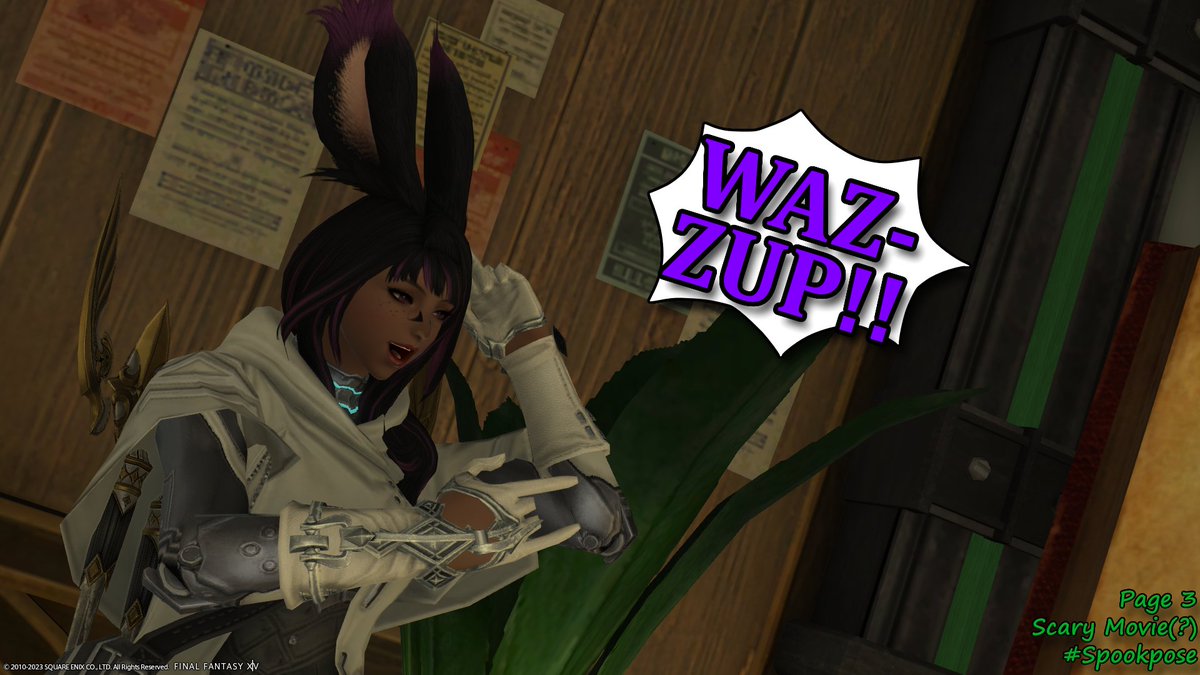 Wedgebuncle's tweet photo. Day 29: Scary Movie!
All I could think of was this damn scene! With Wedge being an Eorzean Ghostface! XD
#Spookpose #spookyposetober #ffxivgposers https://t.co/ohTryug5W2