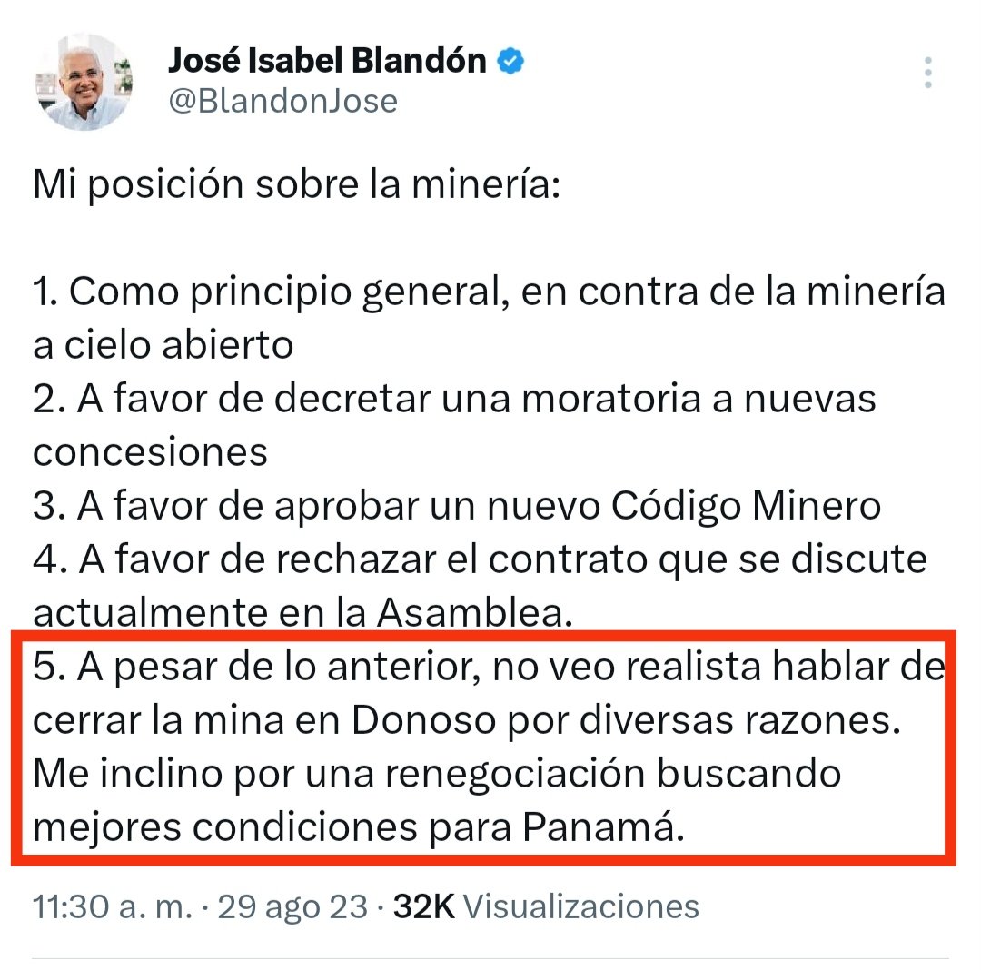 Esta es mi posición que plasmé por escrito meses atrás. No cambio el discurso con el viento a favor o en contra, como otros que han dado declaraciones totalmente contradictorias sobre este tema. Un día decían que no debía cerrarse la mina y otro día son anti minería 100%. Respeto