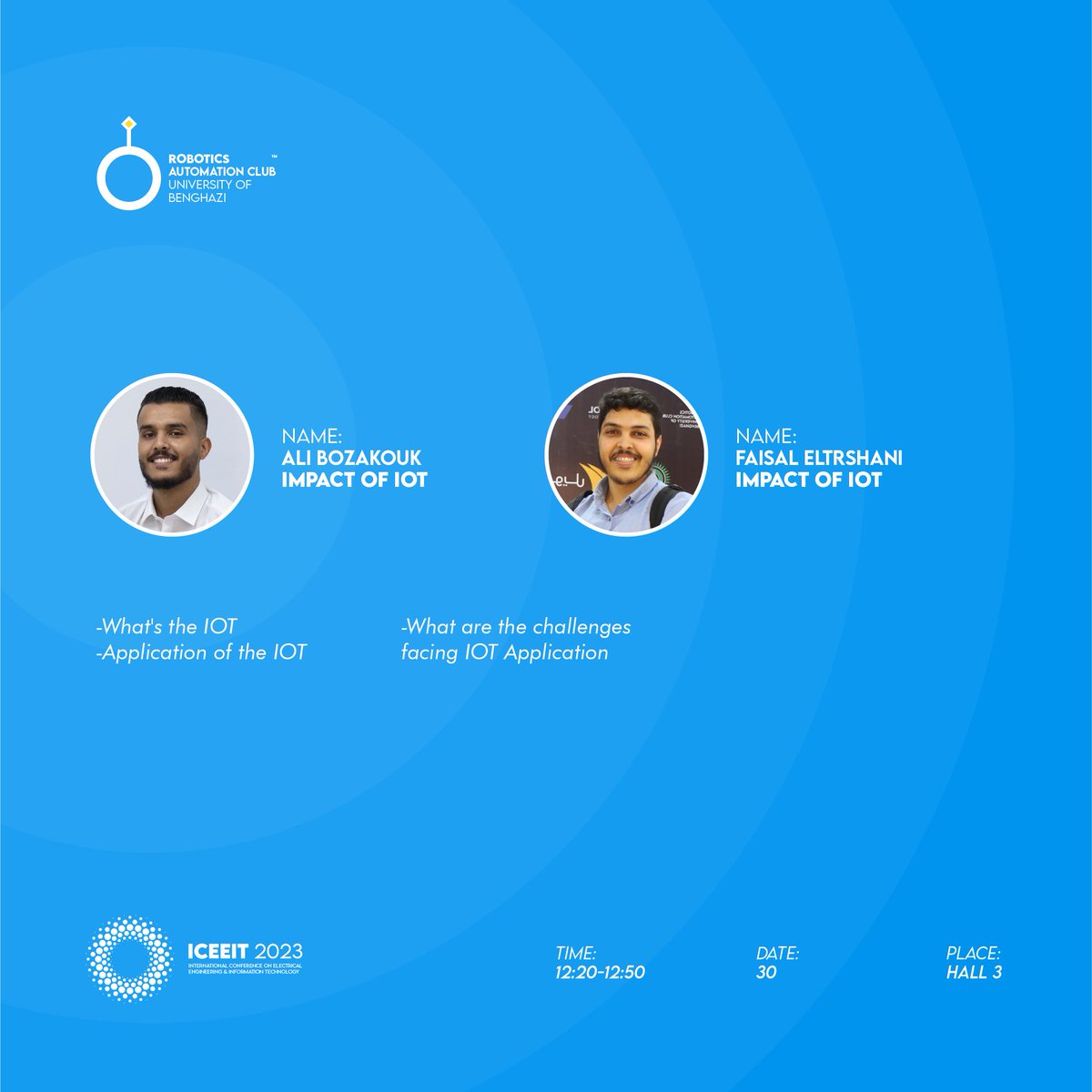 مرحبا بكم على متن خطوط طائرة RAC 🤖 

تمتد رحلتنا على مدار يومين و في اليوم الأول ستتعرف مع أعضاء النادي على عالم انترنت الأشياء لنرى تأثيره في حياتنا اليومية و كيف يمكن استخدامه.