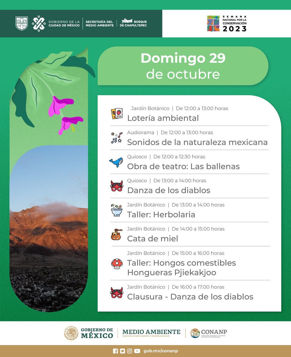 ¿Sin plan para hoy? Asiste a las actividades de la Semana Nacional por la Conservación 2023 de la @CONANP_mx en @ChapultepecCDMX. 🥳🍃 ➡️ conanp.gob.mx/snc/2023/Progr…