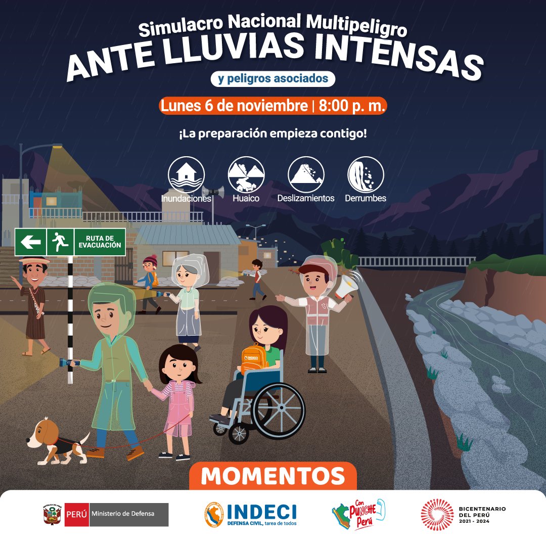 indeciperu's tweet photo. ✅Conoce los tres momentos importantes para desarrollar el ejercicio del 3.º #SimulacroNacionalMultipeligro2023 ante lluvias intensas y peligros asociados. 

 📢 ¡Participa este lunes 6 de noviembre a las 8:00 p. m.!

#LaPreparaciónEmpiezaContigo https://t.co/yYlP24YlKG