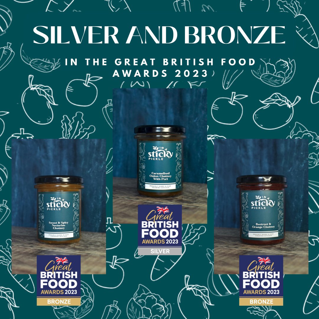 Incredibly proud to have won silver and bronze awards in the Great British Food Awards 2023!  
🥈Caramelised Onion Chutney with Port
🥉Sweet and Spicy Nectarine Chutney
🥉Beetroot and Orange Chutney 

inastickypickle.co.uk 

#sbs #mhhsbd #GBFawards2023 #Lincolnshire #farmshops