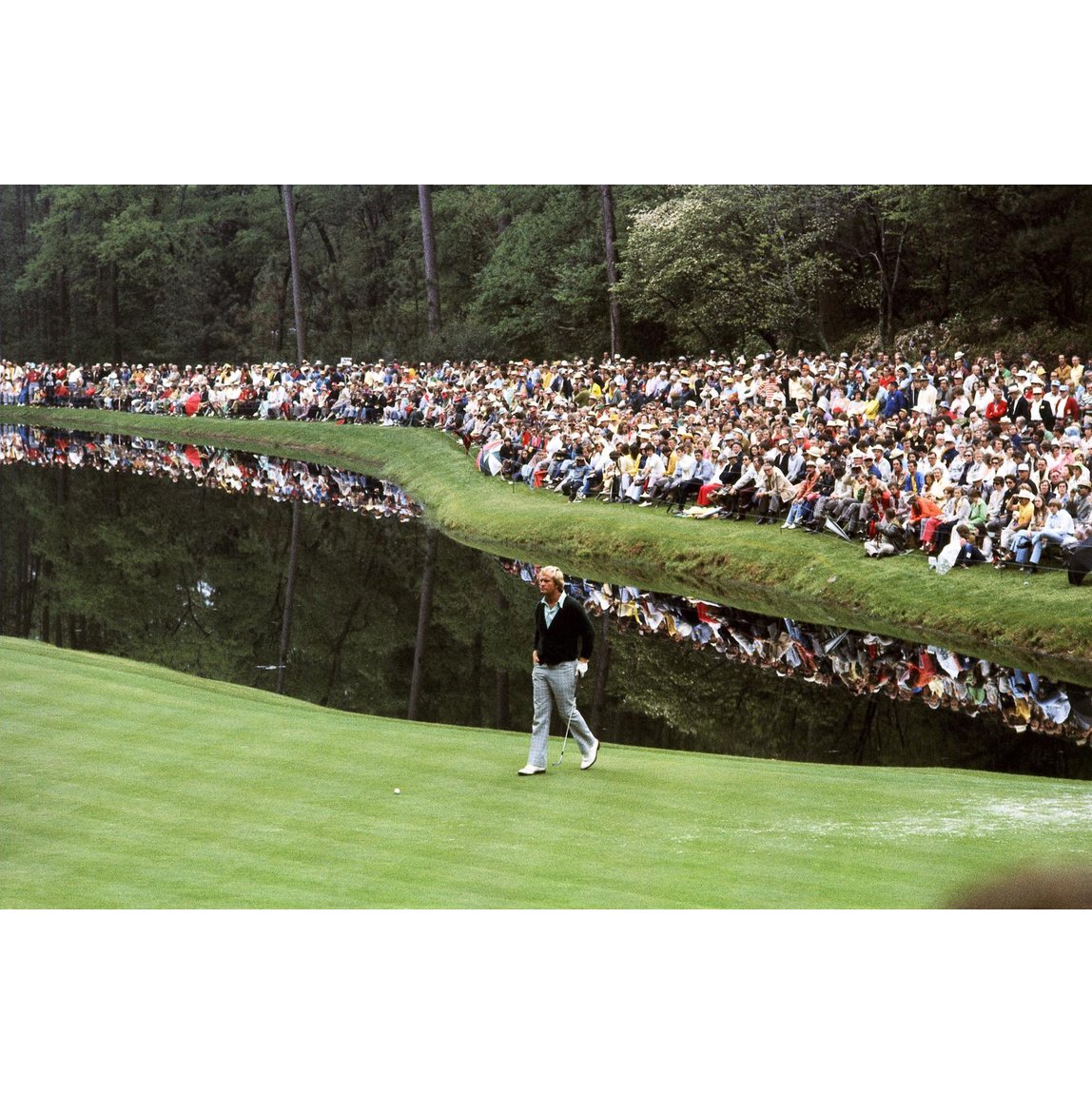 Jack Nicklaus walks onto the 16th green during Round 1 of the 1975 Masters Tournament at Augusta National. Augusta, Georgia. April 10, 1975. #NeilLeifer #Photography #JackNicklaus #Golf #Augusta #Georgia #MastersTournament #Green