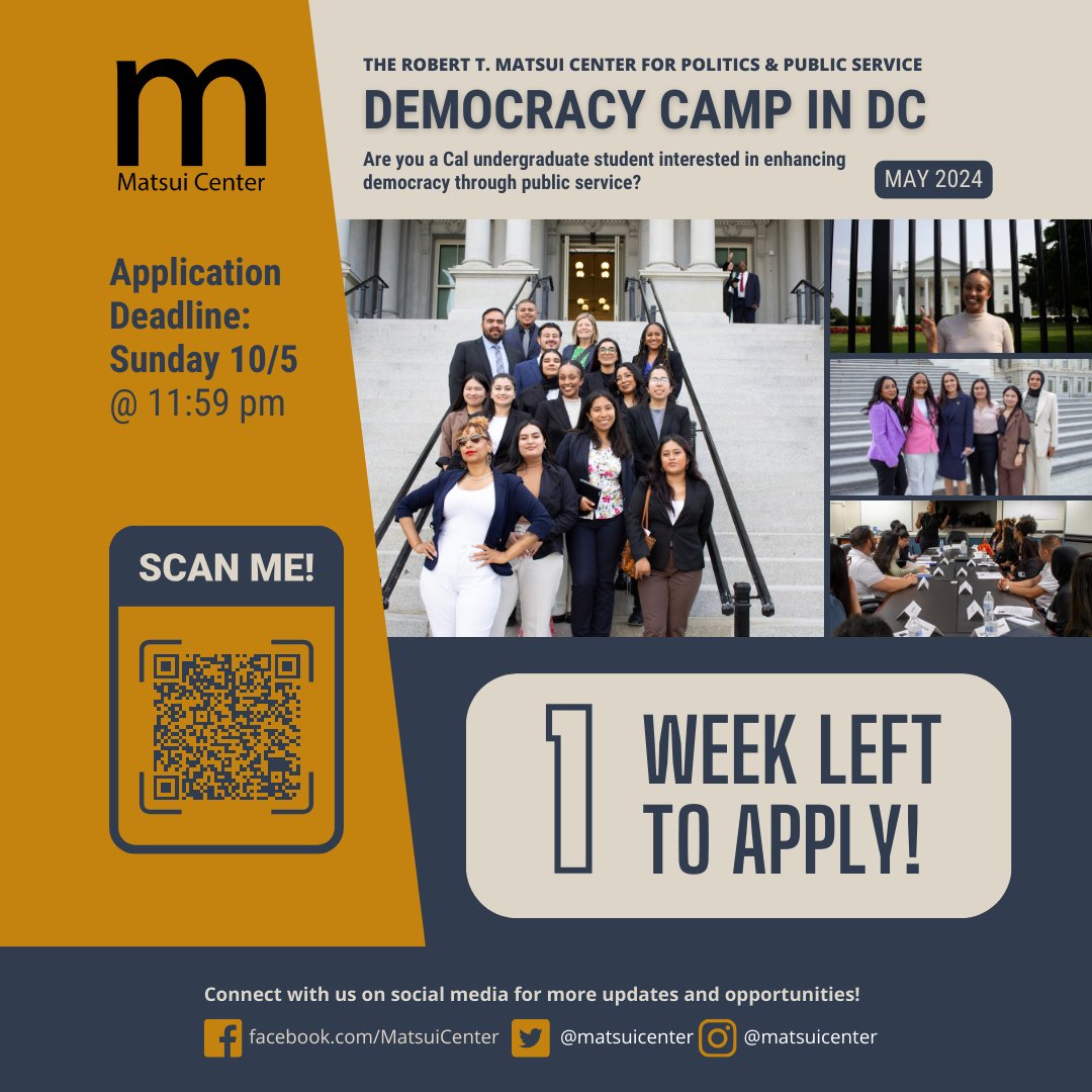 🚨 ONE WEEK LEFT TO APPLY! 🚨

Democracy Camp in Berkeley and Democracy Camp in DC expedite success for students from all backgrounds interested in public service- whether it be at the state, local, or federal level. Visit our website to find out which program is right for you!