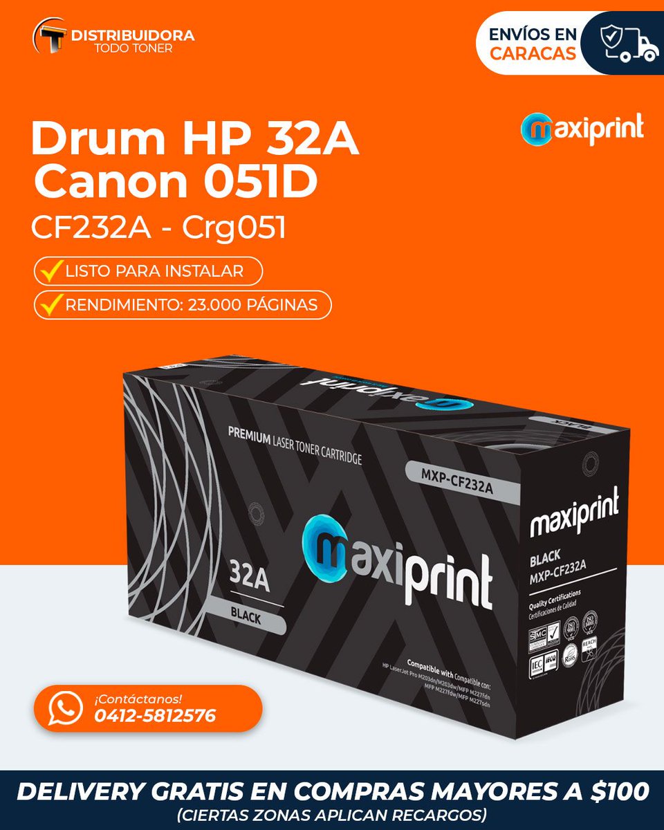 distodotoner's tweet photo. Drum HP 32A (CF323A)
Canon 051 (CRG051)
Rendimiento: 23.000 páginas

Contáctanos a través de:
📲WhatsApp: 0412-5812576
✉️ distodotoner@gmail.com

Solicita nuestra lista de precios 👇  escribe "Yo" en los comentarios para enviártela. https://t.co/ETGfoL1Ehx