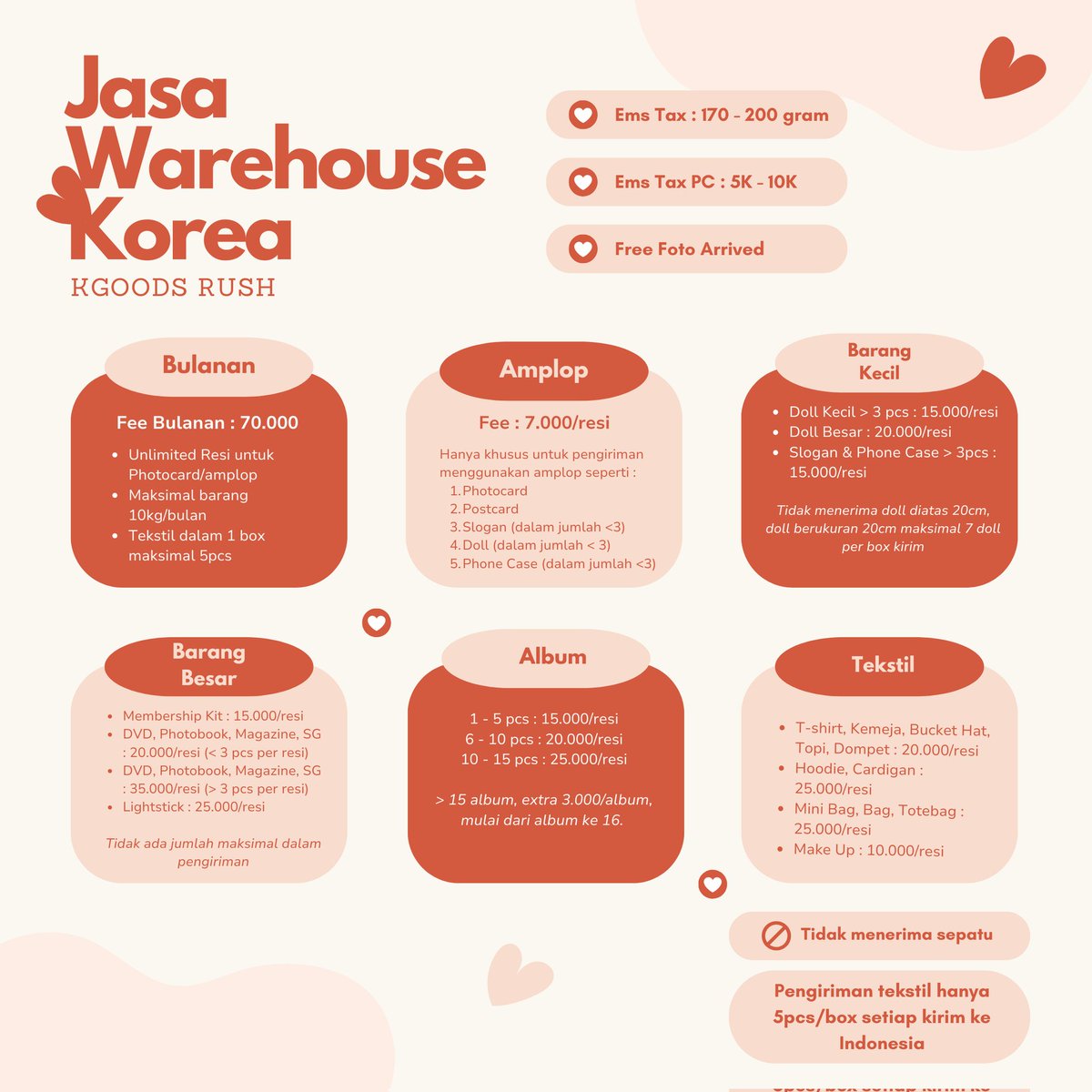 Kgoods_Rush's tweet photo. ✨ Kgoods Rush Warehouse Services [Sharing Only]
Since April 2020

✅ Pertacking
✅ Bulanan
📌 Free foto arrived

🇮🇩 Tangerang Selatan
🇰🇷 Busan

Bagi yang berminat bisa langsung DM, jika fix akan langsung di invite ke group LINE ya!

▶️ Updated fee berlaku mulai 01 November 2023 https://t.co/FRehgiXYiZ