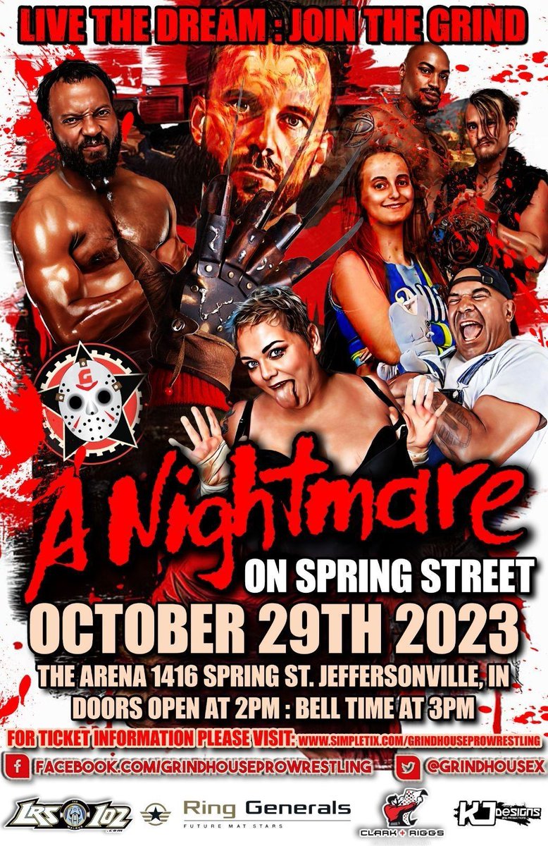 Grindhouse Pro Wrestling (@grindhousex) on Twitter photo TODAY! Bring the family out to have a terrifyingly good time with Grindhouse Pro Wrestling!
TODAY at 3 PM
The Arena
1416 Spring St
Jeffersonville, IN
🎟️🔗: buff.ly/3M3WVwE
Sponsored by <a href="/ClarknRiggs/">Clark And Riggs</a> <a href="/LRS102TheWalrus/">Skinny J_102</a> Prestige Entertainment, DJ Eric & Ring Generals TODAY! Bring the family out to have a terrifyingly good time with Grindhouse Pro Wrestling!
TODAY at 3 PM
The Arena
1416 Spring St
Jeffersonville, IN
🎟️🔗: buff.ly/3M3WVwE
Sponsored by <a href="/ClarknRiggs/">Clark And Riggs</a> <a href="/LRS102TheWalrus/">Skinny J_102</a> Prestige Entertainment, DJ Eric & Ring Generals