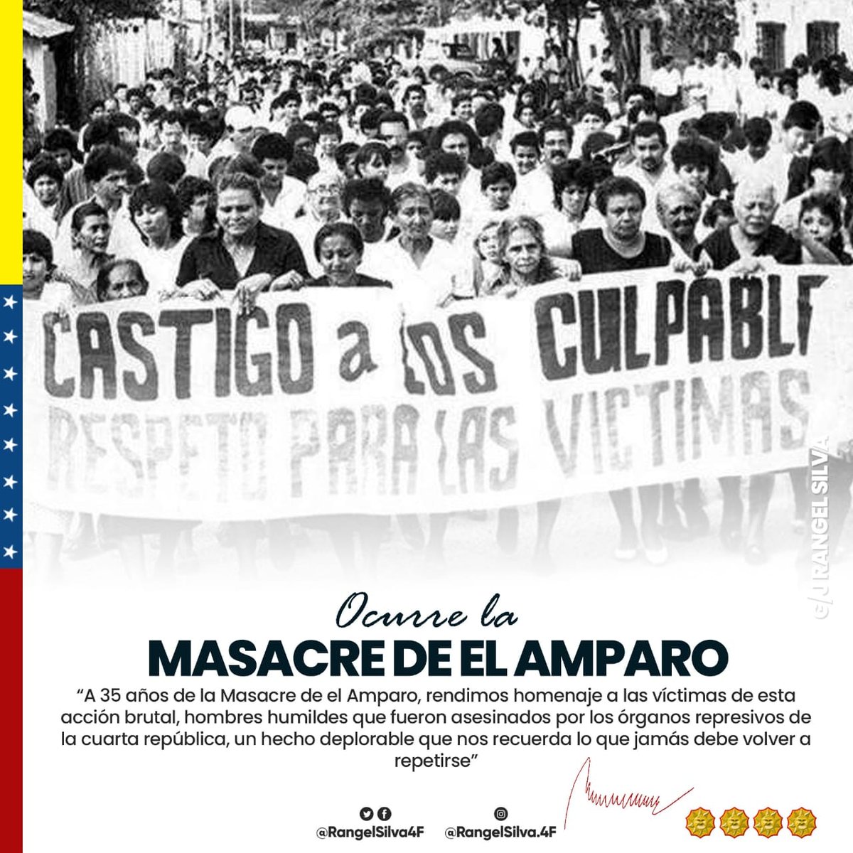 Se cumplen 35 años de la Masacre de El Amparo, en el estado Apure, en donde el puntofijismo, con el pretexto la lucha contra la guerrilla colombiana, asesinó a 14 pescadores. El pueblo no olvida esas acciones criminales. #PasionYEsfuerzo
