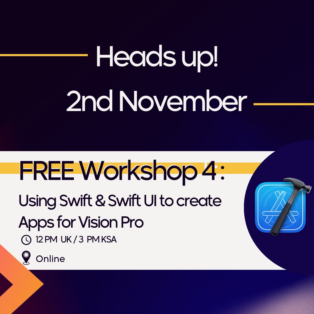 sparksmena's tweet photo. 👀 Want to create amazing apps for vision pro using Swift and Swift UI? 🚀 Join our FREE webinar on 2nd November at 12pm and learn from the experts. 🙌 Register now: https://t.co/eGlusDgvaQ #visionpro #swift #swiftui #webinar https://t.co/2qbxzY8hdu