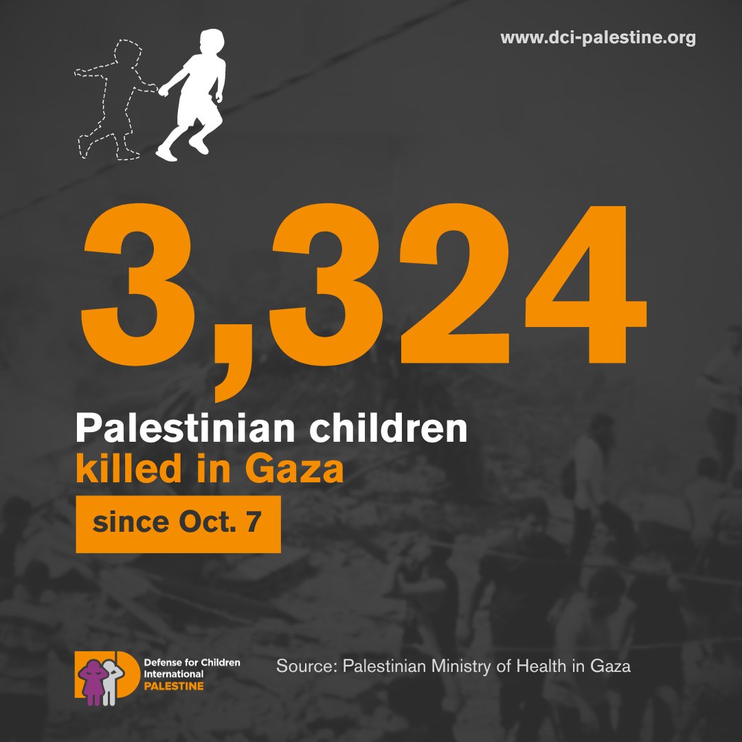 GAZA UPDATE: At least 3,324 Palestinian children have been killed during the Israeli bombardment of Gaza. 

Nearly 7,000 children are injured and about 1,000 are missing under the rubble.