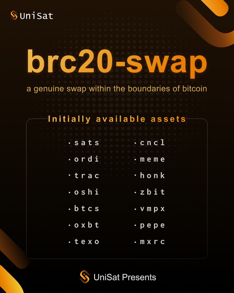 After intensive research, we have decided to provide support for a limited list of 14 available assets on brc20-swap during its initial launch on the mainnet. 

Please check out the Medium link below for more details:

unisat-wallet.medium.com/2023-10-initia…