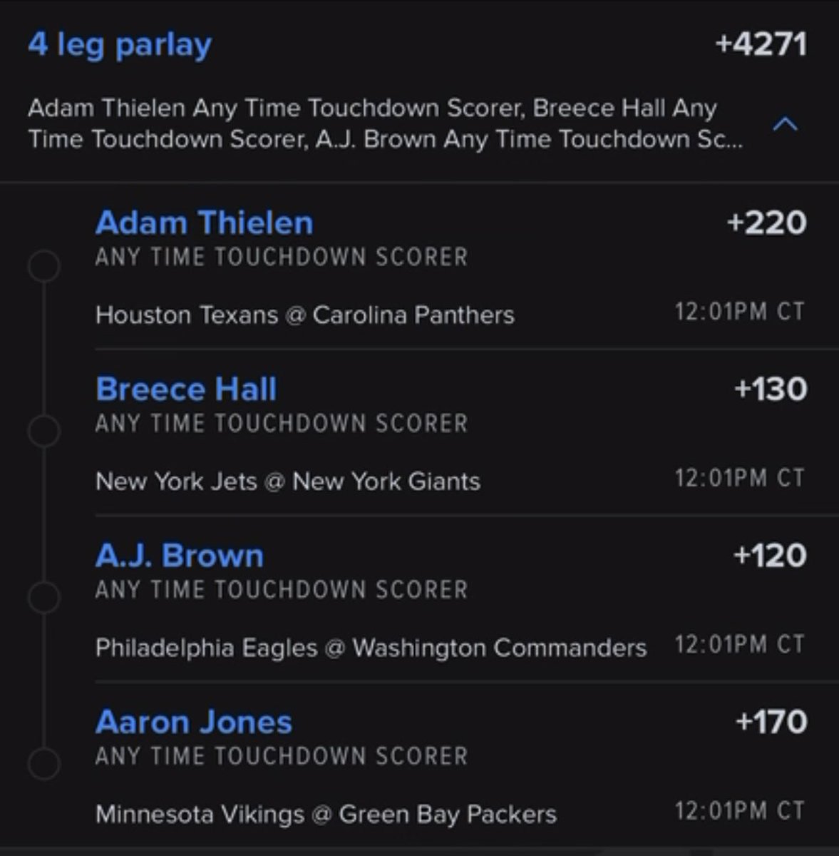 ParlayKinGGs's tweet photo. Chef’s kiss 🤌

#NFL #GamblingTwiiter https://t.co/0j4eugwH4Q