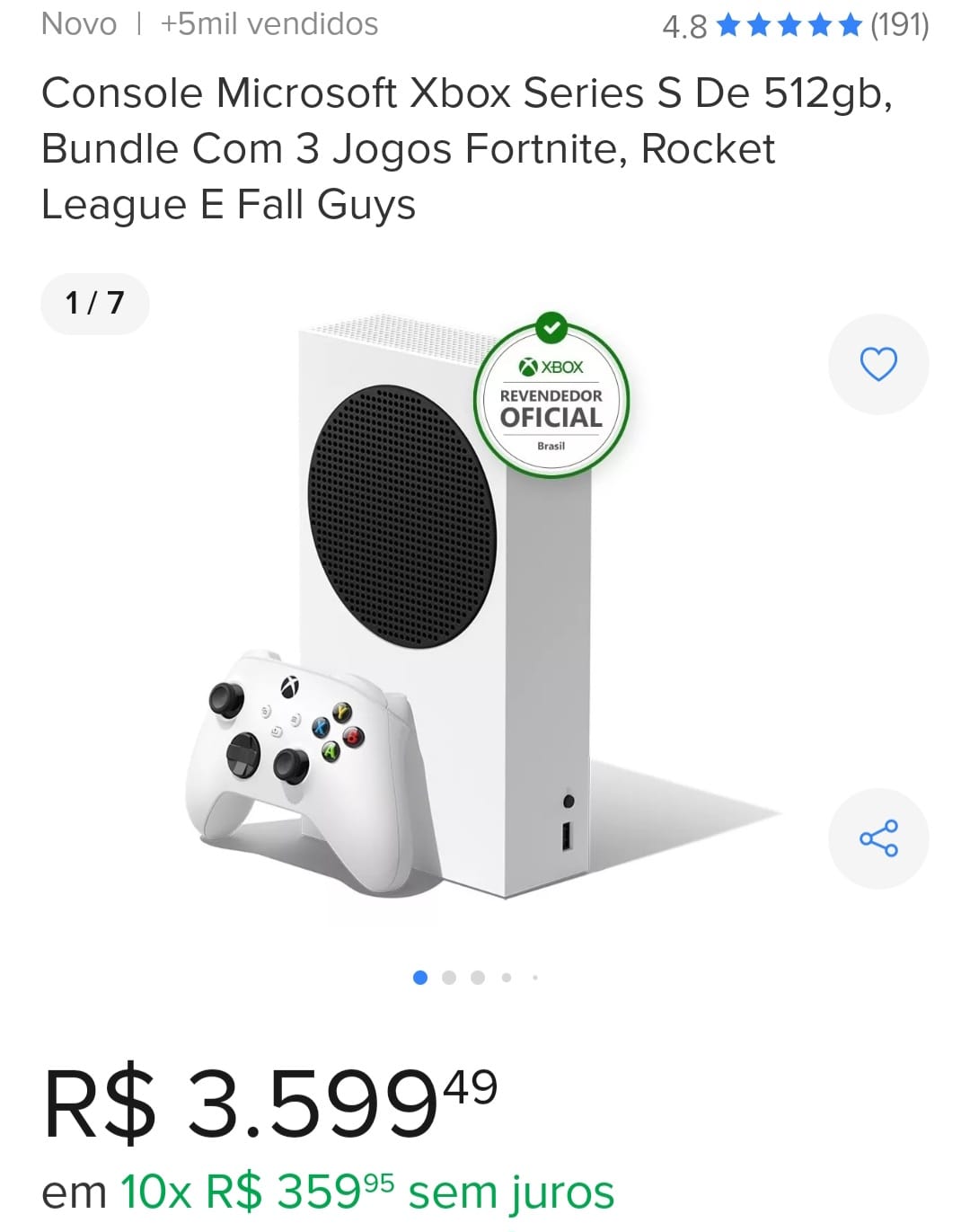 Console Microsoft Xbox Series S De 512gb, Bundle Com 3 Jogos Fortnite,  Rocket League E Fall Guys