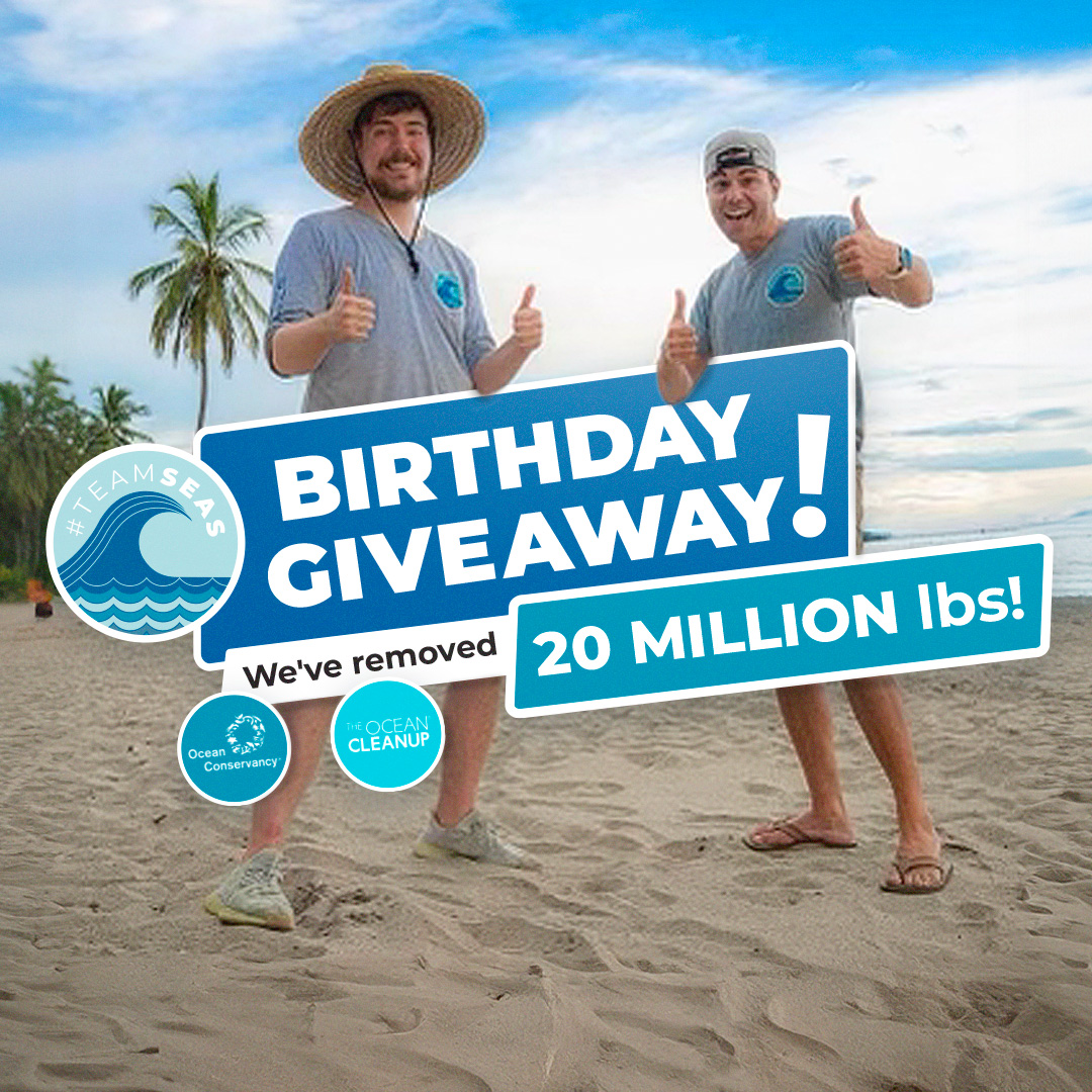 teamseas's tweet image. 🚀🌊 BOOM! 20 MILLION VERIFIED POUNDS OF TRASH is now OUT of our oceans, rivers and beaches!  To celebrate, we're dropping some exclusive #TeamSeas autographed gear from @mrbeast and @markrober 

Head to our Instagram page @teamseas for more details! 

@OurOcean @TheOceanCleanup