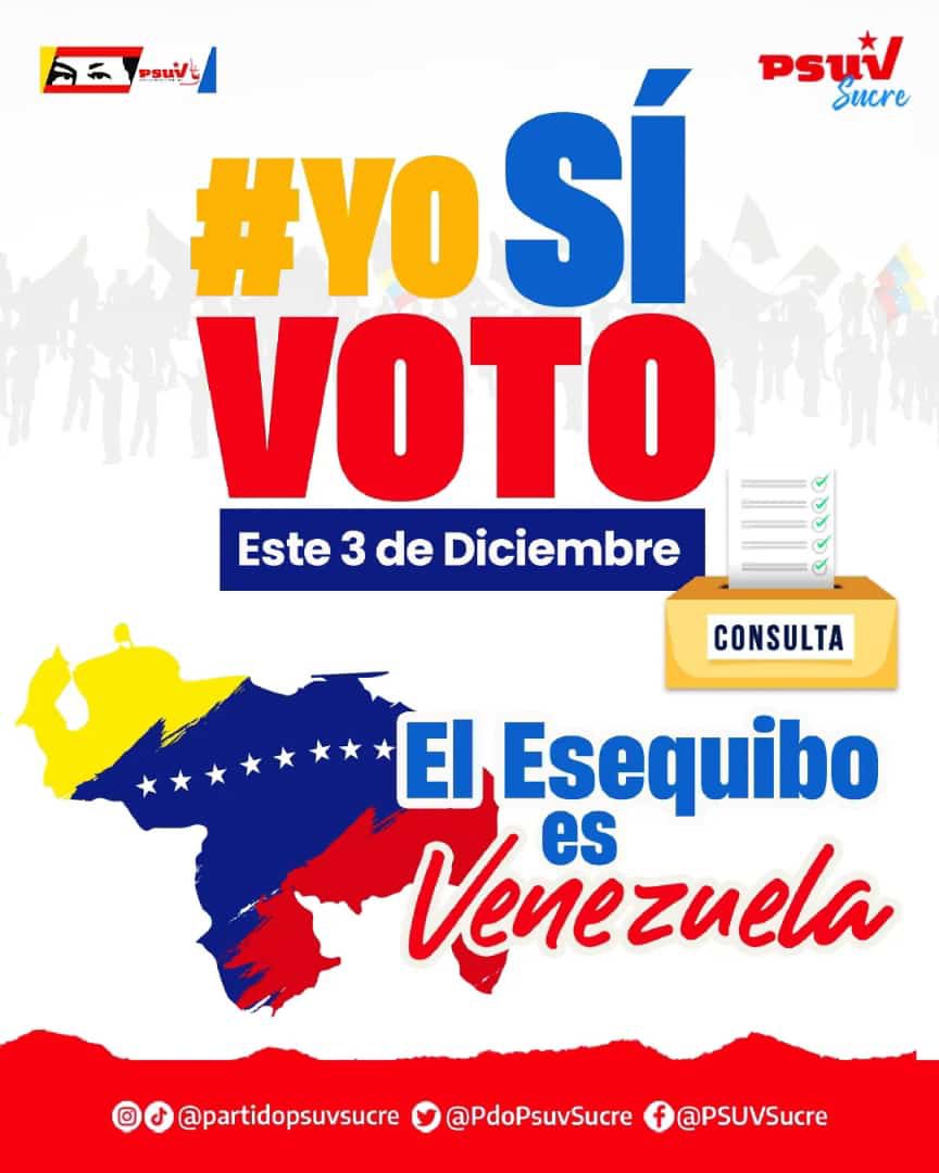 ¡El Esequibo es Venezuela! 
 
Ningún poder imperial podrá con la voluntad, la conciencia y la sabiduría de todo un pueblo que saldrá a decir 5 veces SI, en defensa de nuestro territorio. 

#ElEsequiboEsVenezolano
#ElEsequiboSeDefiende
#ElEsequiboEsNuestro

 #PasiónYEsfuerzo