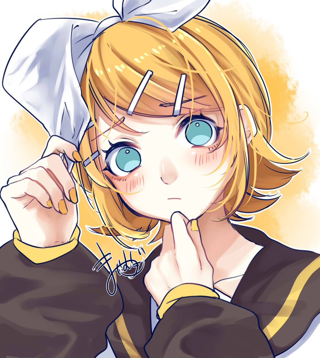 kagamine rin 1girl blonde hair hair ornament solo hairclip hair bow bow  illustration images