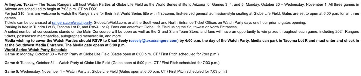 Globe Life Field is hosting watch parties for Game 3, Game 4, and Game 5. 

Tickets are just $10 and can be purchased here: rangers.com/watchparty

If you RT this tweet, you'll enter for a chance to win free tickets to a watch party for one of the games. Be sure to check DMs