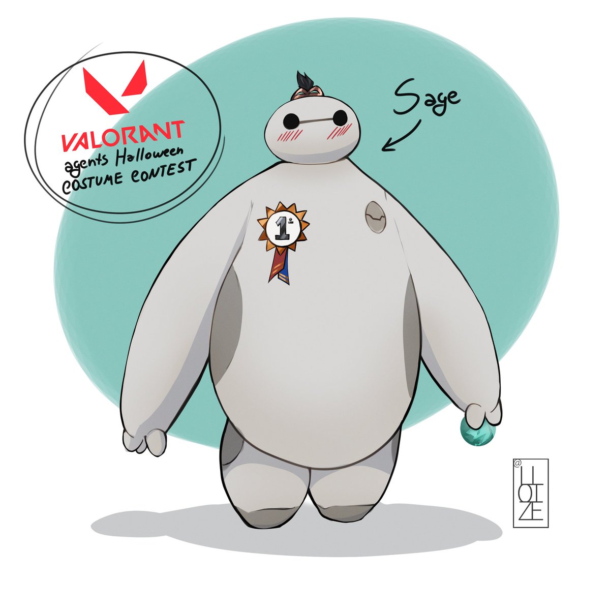 lloizee's tweet image. "on a scale one to ten, how would you rate your pain? 😊" 
So Valorant agents threw a Halloween costume contest and the only rule was: it has to be related to your abilities, and Sage ate this up.

#VALORANTfanart  #baymax
