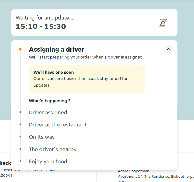 AdamCooperman's tweet photo. @JustEatUK Been waiting 2 hours for you to assign a driver, when I look it says they will start preparing my order when you have a driver but if I try to cancel, you won't give me a refund as "the restaurant is preparing my order". No live chat, number or DM response, what gives? https://t.co/foE2PqgMEI