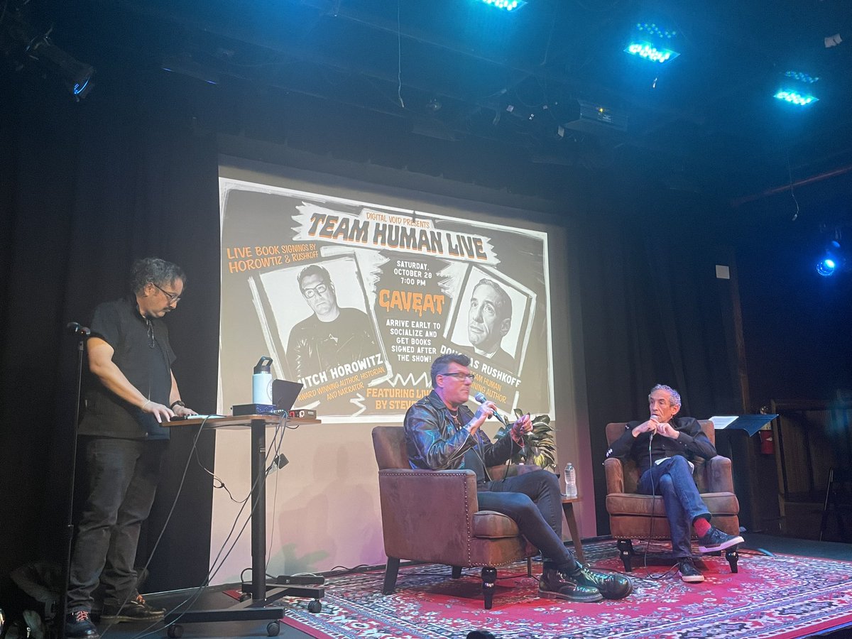 MitchHorowitz's tweet photo. Amazing night @caveatnyc doing live pod of @teamhumanshow with Douglass @rushkoff @JoshChapdelaine Steven Brent | @digivoidmedia https://t.co/hohD5uJ40a
