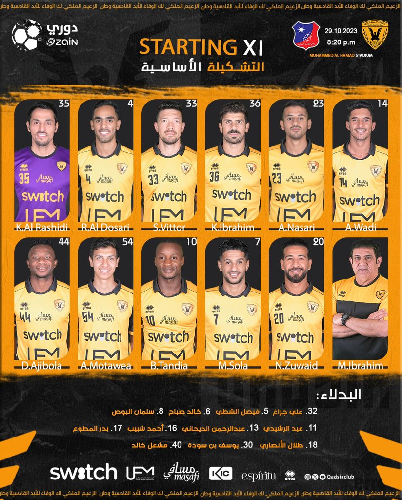 QadsiaClub's tweet photo. 📋 • تشكيلة القادسية 🤩
 #القادسية ✖ الكويت
دوري زين لكرة القدم 
(الجولة 6)

#QadsiaDay 💛 https://t.co/2bCrgBgeva