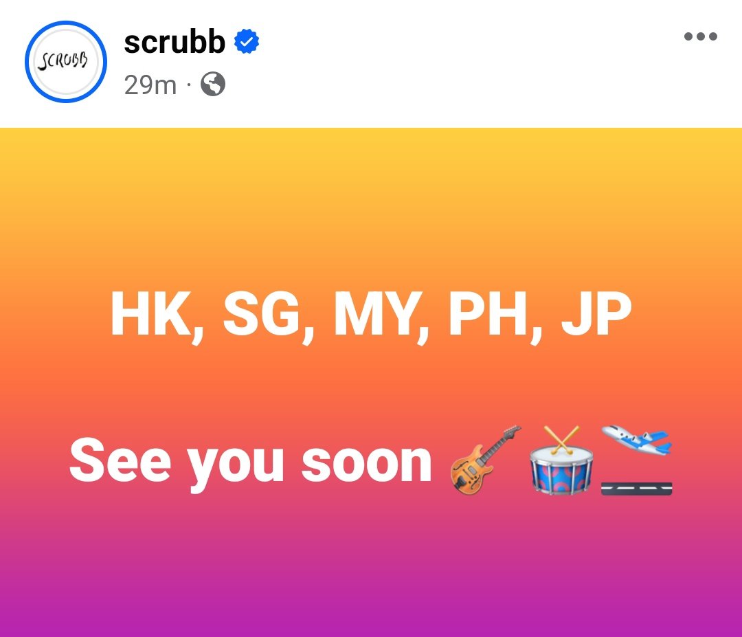 ThaimazingMNL's tweet photo. IS SCRUBB IN THE PHILIPPINES FINALLY HAPPENING?

JUST IN: 
scrubb posted on Facebook

HK, SG, MY, PH, JP
See you soon 🎸🥁🛫

#scrubb @scrubbband https://t.co/Pij1d9Veuz
