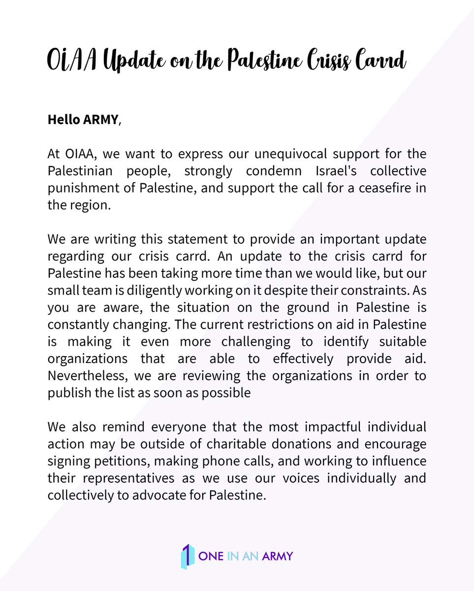 OneInAnARMY's tweet photo. The OIAA crisis team is focused on finding best ways to help in Palestine, and here's an update for ARMY. While we may not always post about a crisis occurring, we are working behind the scenes to offer you information and resources. https://t.co/p1oUArCJU6